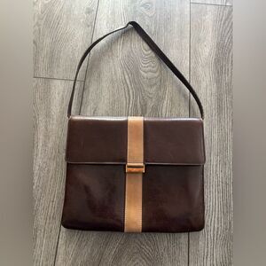 Classic Two-Tone Brown Leather Shoulder Bag Made In Italy.